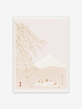 Japanese Mount Fuji landscape art print with cherry blossoms and a small village in neutral cream and white tones
