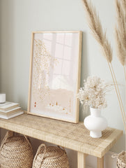 Japanese Mount Fuji landscape art print with cherry blossoms and a small village in neutral, in an alternate framed mockup