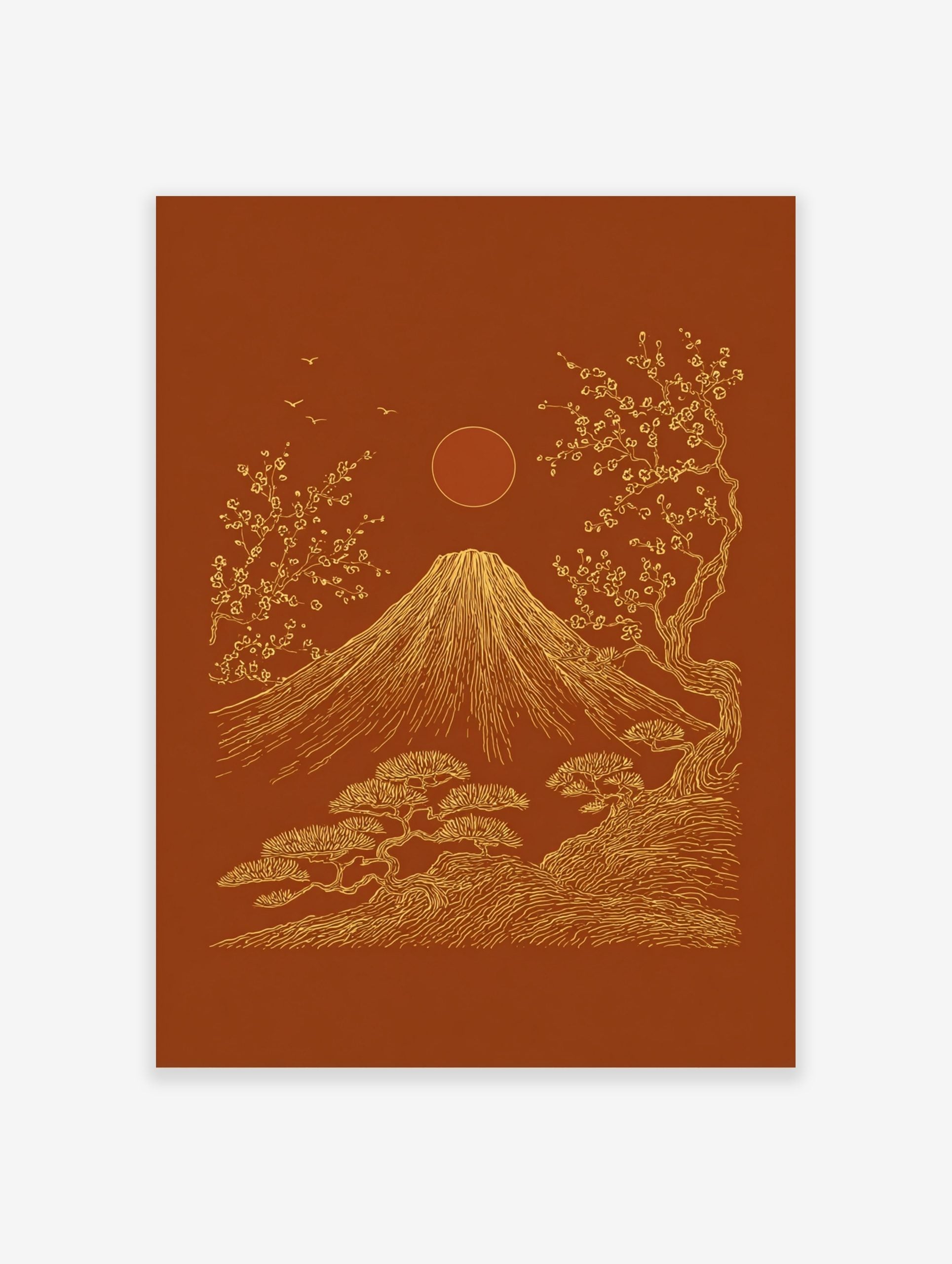 Mount Fuji, cherry blossoms, pine trees, sun, and birds in gold line art on a reddish-brown background