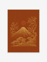 Mount Fuji, cherry blossoms, pine trees, sun, and birds in gold line art on a reddish-brown background