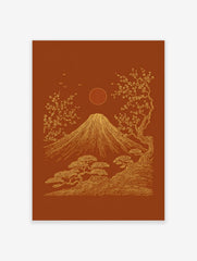 Mount Fuji, cherry blossoms, pine trees, sun, and birds in gold line art on a reddish-brown background