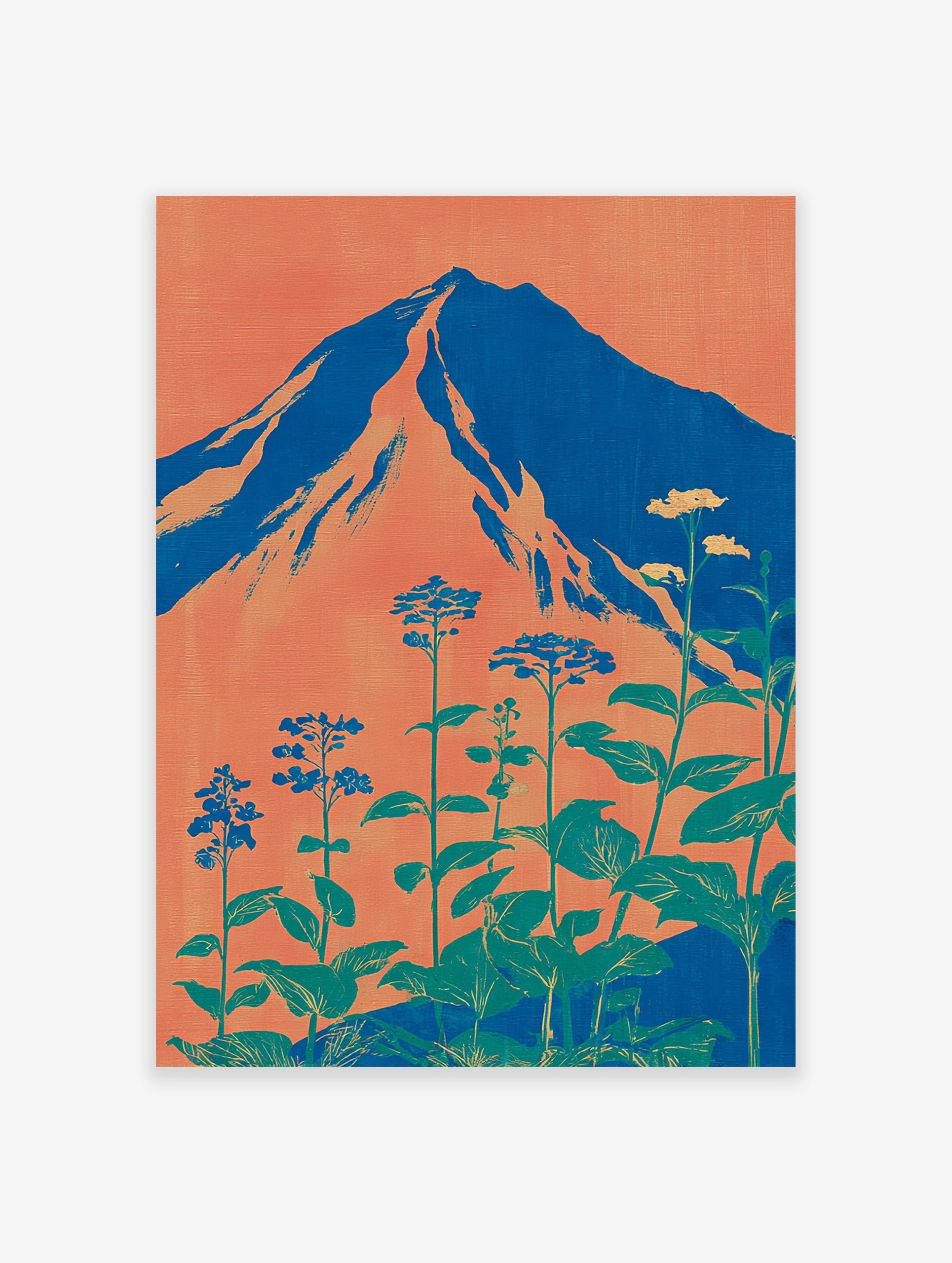 Stylized Mount Fuji wall art with orange sky, blue mountain, and green botanical plants in a modern Japanese style.