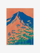 Stylized Mount Fuji wall art with orange sky, blue mountain, and green botanical plants in a modern Japanese style.