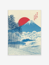 Japanese Mount Fuji wall art print with a red sun and blue bamboo trees in a serene landscape design.