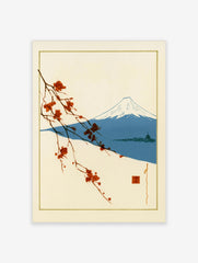 Japanese-style print of a flowering branch, Mount Fuji, and a pagoda on a cream background