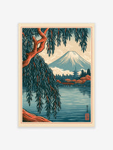 Japanese Mount Fuji landscape art print with a foreground willow tree, red bridge, and pagoda in a woodblock illustration