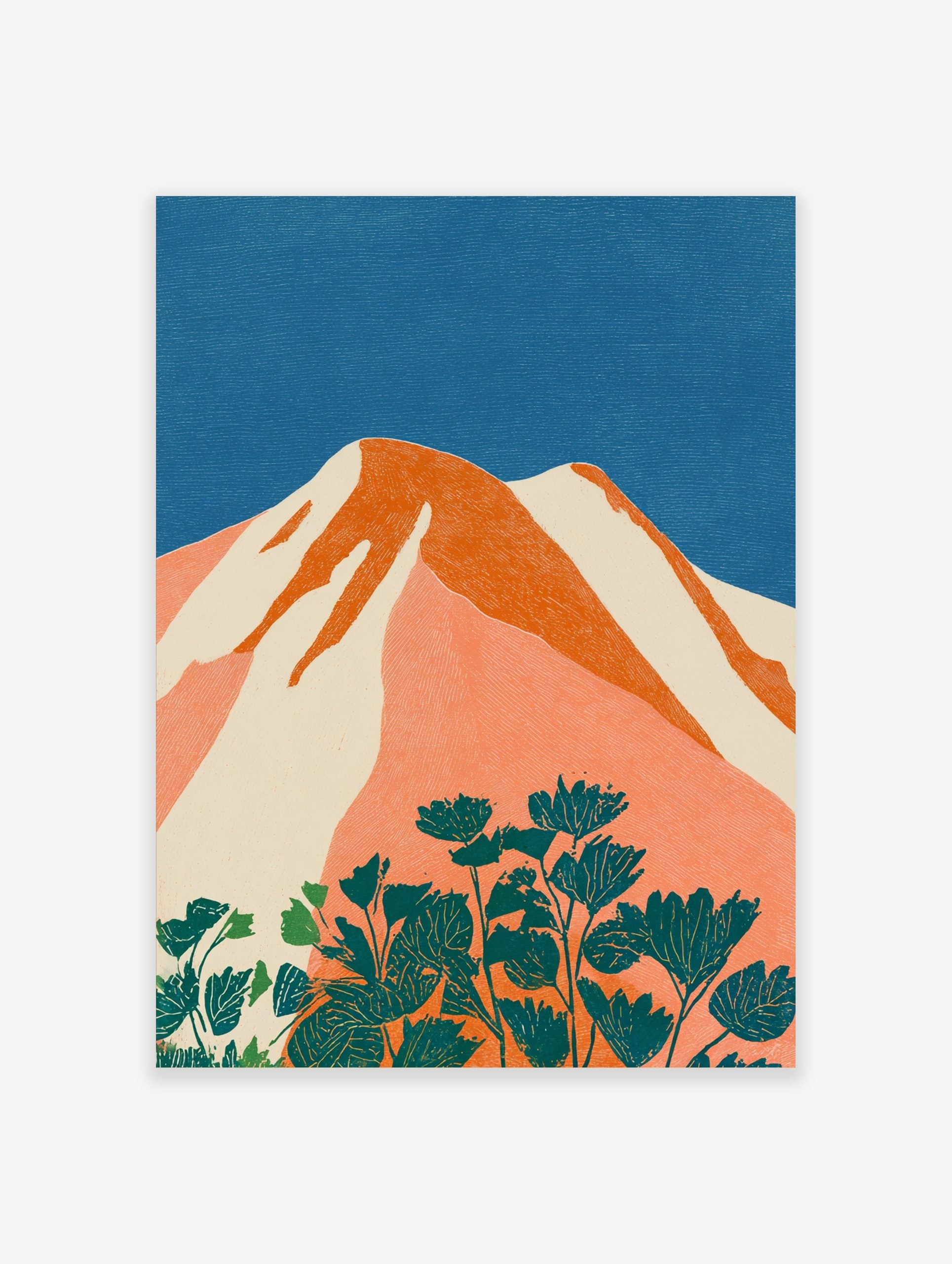 Stylised mountain landscape art print with orange peaks, white snow, blue sky, and teal flowers
