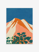 Stylised mountain landscape art print with orange peaks, white snow, blue sky, and teal flowers