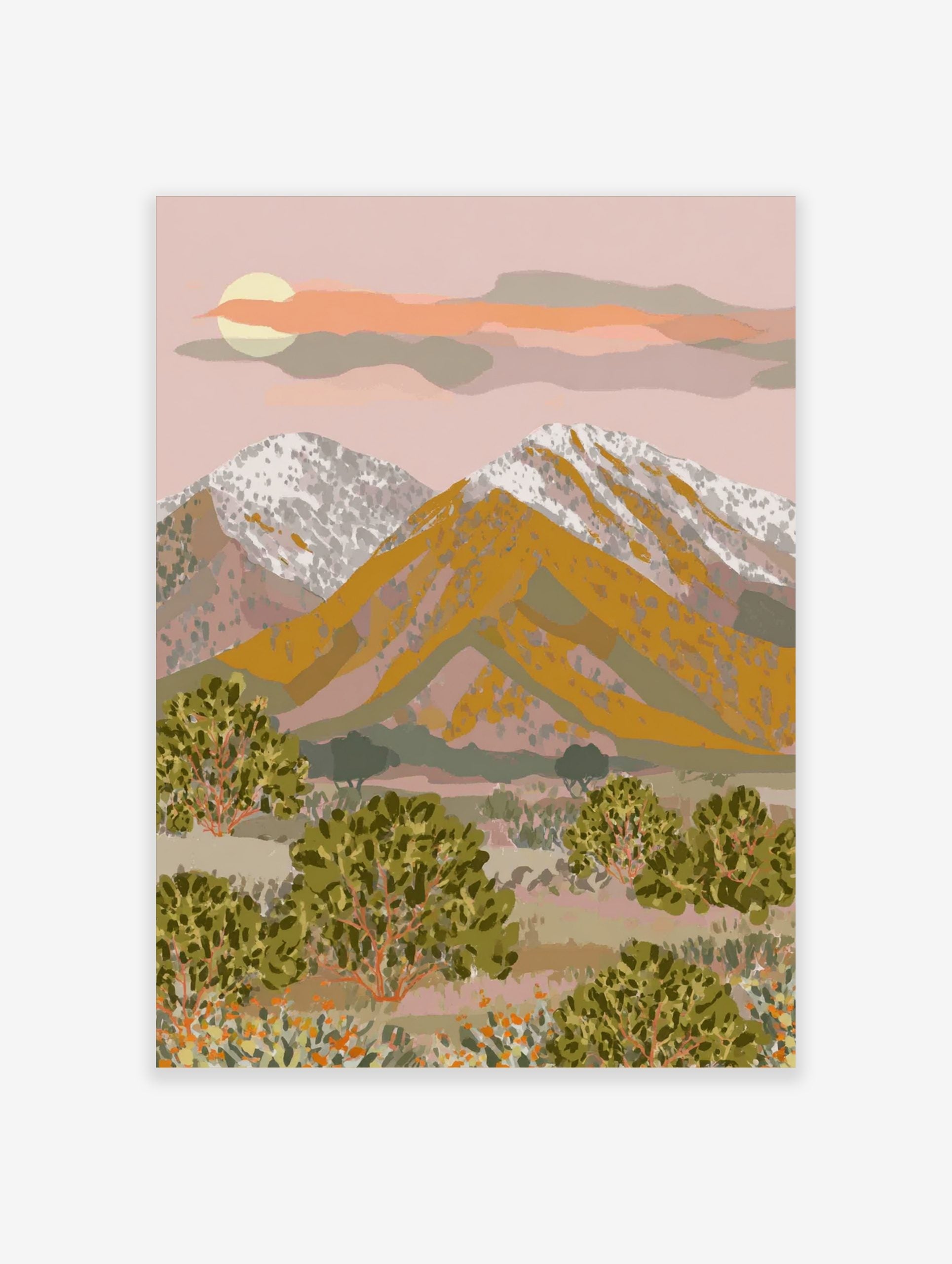 Illustrative mountain desert landscape art print with golden peaks, snow, green bushes, and sunset sky