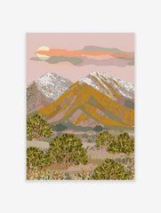 Illustrative mountain desert landscape art print with golden peaks, snow, green bushes, and sunset sky