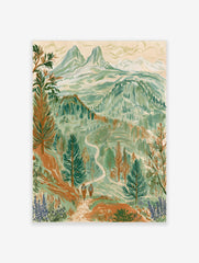 Illustrative mountain landscape wall art print featuring two hikers on a trail with pine trees and purple wildflowers