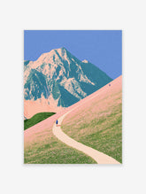 Illustrative mountain landscape print with hikers on a winding path through pink flower fields