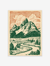 Vintage style mountain landscape art print featuring green peaks, a winding river, and trees against an orange sky.