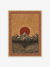 Mountain landscape poster featuring a bold red sun rising over dark peaks with intricate patterned borders.