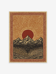 Mountain landscape poster featuring a bold red sun rising over dark peaks with intricate patterned borders.