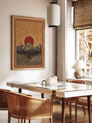 Mountain landscape poster featuring a bold red sun rising over dark peaks with intricate patterned borders. - Image 2