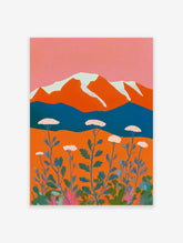 Stylised mountain landscape art print with orange peaks, white snow, blue lake, and white yarrow flowers