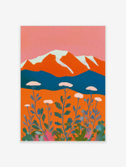 Stylised mountain landscape art print with orange peaks, white snow, blue lake, and white yarrow flowers