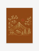 Illustrative mountain landscape art print with snow-capped peak, flowering trees, pine trees, and sun on brown background