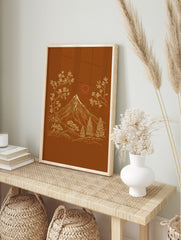 Illustrative mountain landscape art print with snow-capped peak, flowering trees, pine trees, in an alternate framed mockup