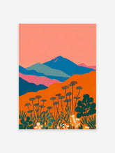 Vibrant abstract mountain landscape wall art with orange foreground, blue mountains, and stylized botanical plants.