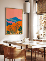 Vibrant abstract mountain landscape wall art with orange foreground, blue mountains, and stylized botanical plants. - Image 2