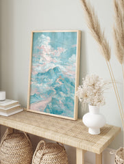 Dreamy teal and pink Mountain Landscape Wall Art with gold outlines, featuring a pagoda on a winding path through clouds. - Image 3