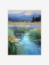 Impressionistic painting of a winding stream through a wildflower meadow towards a snow-capped mountain