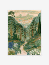 Illustrative mountain valley landscape print with pine trees, a winding path, and twin peaks in a soft, muted palette