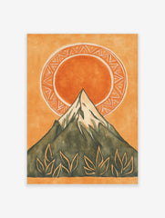 Illustrative mountain and sun wall art print with green peak, orange sun, patterned circle, and leaves