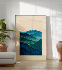 Blue and green layered mountain landscape wall art print with textured patterns and a light beige sky. - Image 3
