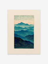 Stylized blue mountain landscape wall art print with layered peaks and wavy textures under a light sky.