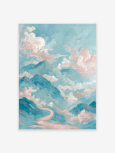 Ethereal mountain wall art painting with teal and pink clouds, golden lines, and a winding pink path through a serene landscape.