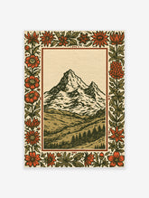 Mountain landscape with red floral border, olive green and cream, illustrative wall art print