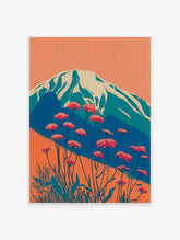 Japanese mountain wall art with snow-capped peak, orange sky, and red wildflowers in a modern illustrative style.