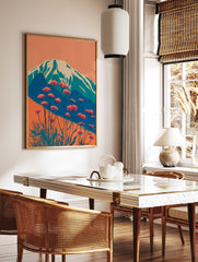 Japanese mountain wall art with snow-capped peak, orange sky, and red wildflowers in a modern illustrative style. - Image 2