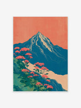 Japanese style mountain wall art with blue peak, white snow, pink flowers, green foliage, and coral sky.