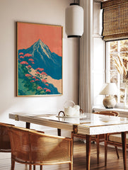 Japanese style mountain wall art with blue peak, white snow, pink flowers, green foliage, and coral sky. - Image 2