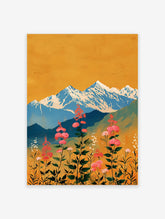 Vibrant mountain wall art featuring pink flowers in a meadow with blue snowy peaks and a golden yellow sky in an illustrative style.