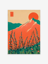 Retro mountain wall art with a large orange sun, teal mountains, and foreground wildflowers in a vibrant landscape.