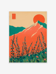 Retro mountain wall art with a large orange sun, teal mountains, and foreground wildflowers in a vibrant landscape.