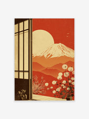 Illustrative Mount Fuji sunset art print viewed through a shoji screen, with dandelions and cherry blossoms