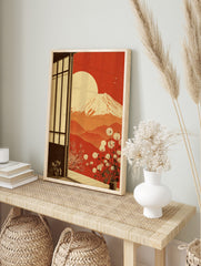 Illustrative Mount Fuji sunset art print viewed through a shoji screen, with dandelions and, in an alternate framed mockup