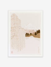 Japanese-style illustration of a weeping willow tree, Mt. Fuji, and a pagoda in a neutral monochrome palette