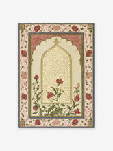 Mughal arch floral poster with red carnations and tulips on gold lattice, ornate Indian botanical print