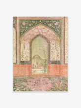 Mughal arch wall art print with floral spandrels and a garden fountain view