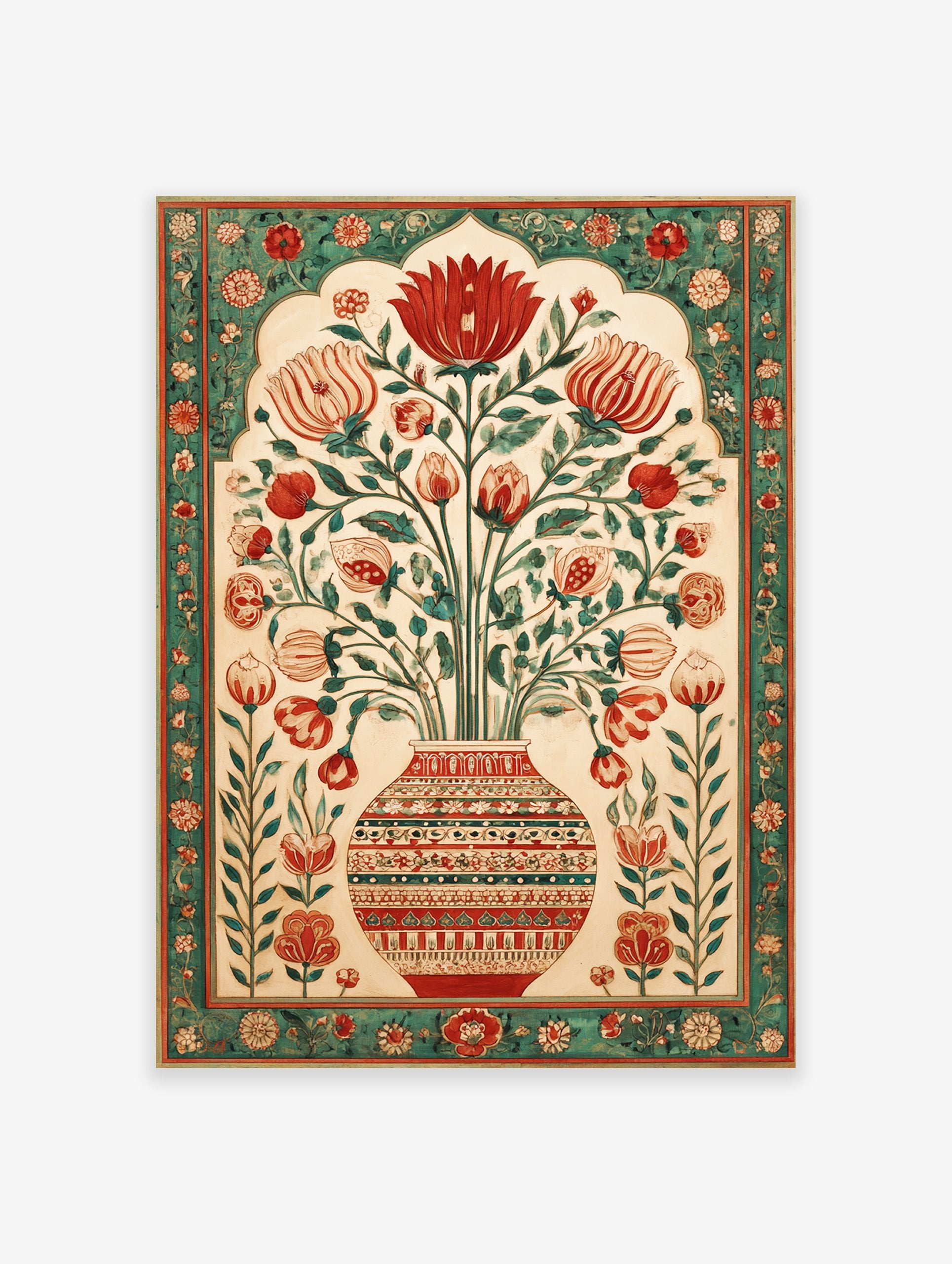 Mughal floral vase botanical poster with red and green flowers in an ornate patterned vase and decorative border