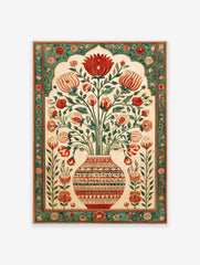 Mughal floral vase botanical poster with red and green flowers in an ornate patterned vase and decorative border
