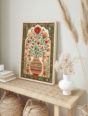 Mughal floral vase botanical poster with red and green flowers in an ornate patterned vase and decorative border - Image 4