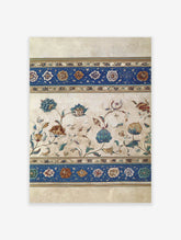 Mughal floral wall art print with intricate botanical design and blue decorative borders on an aged background.